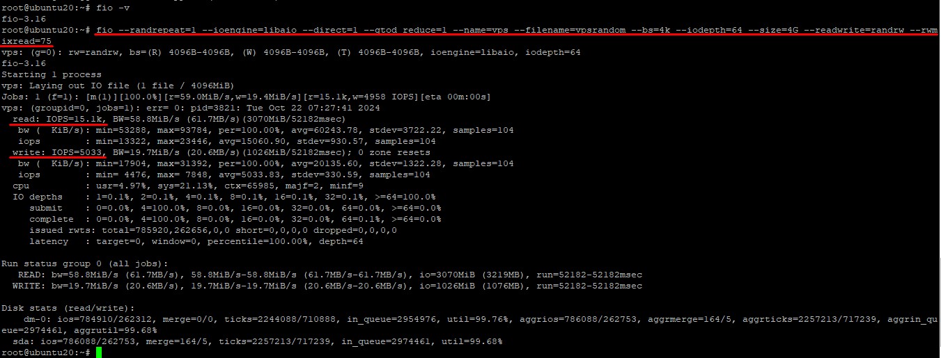 Check the read and write speed of VPS Ubuntu 20.04 hard drive with Fio